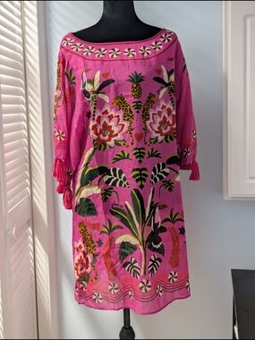 Farm Rio Pink Tropical Leopard Toucan Tassel Mini Dress Size S NWT Coverup